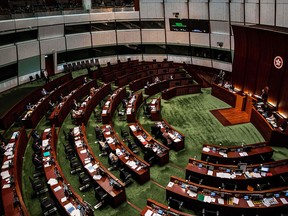 Legislative Council members prepare to vote a law that bans insulting China's national anthem in Hong Kong on June 4, 2020.