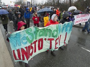 Approximately 100 people march in support of the Wet'suwet'en hereditary chiefs in their opposition to the GasLink pipeline project, along Grandview Highway on February 15, 2020.