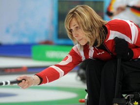 Canadian Lead Sonja Gaudet takes her shot during 2010 Paralympic Wheelchair Curling competition as Canada took on Switzerland on March 16, 2010.