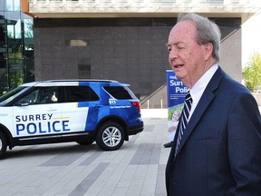 Mayor Doug McCallum with a prototype of a new Surrey police vehicle after presenting his State Of The City address at Surrey City Hall in Surrey on May 6, 2019.