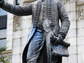 Vandalized statue of George Vancouver during the Covid-19 pandemic in Vancouver, BC., on June 11, 2020.
