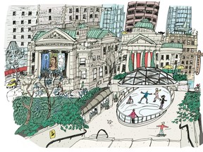 Downtown Vancouver's bustling Robson Square is one of the many unique Vancouver locales that are the stars in Emma Fitzgerald's new book Hand Drawn Vancouver.