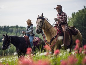 Trail rides through a field of wildflowers at Montana Hill Guest Ranch,