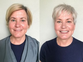 Diane Jamieson, 60, is retired and was looking to do something with her COVID hair. One the left is Jamieson before her makeover by Nadia Albano. On the right is her after. Photo: Nadia Albano.
