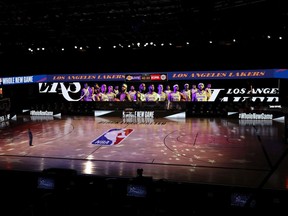 A general view the court with Black Lives Matter written above the NBA logo is seen at centre court prior to the game between the L.A. Clippers and the Los Angeles Lakers at The Arena at ESPN Wide World Of Sports Complex on July 30, 2020 in Lake Buena Vista, Florida.