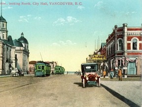 A postcard of Westminster Avenue in Vancouver circa early 1900s. Westminster was renamed Main street in 1910. Note the old city hall on the left hand side of the card, in front of the Carnegie Centre. Also note that the car is on the opposite side of the road to today (we switched in 1922). This hand-coloured postcard is by the European Import company.