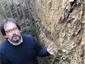 Internationally renowned soil scientist Pedro Parra analyzing the Cowichan Valley soils at Blue Grouse Vineyards.