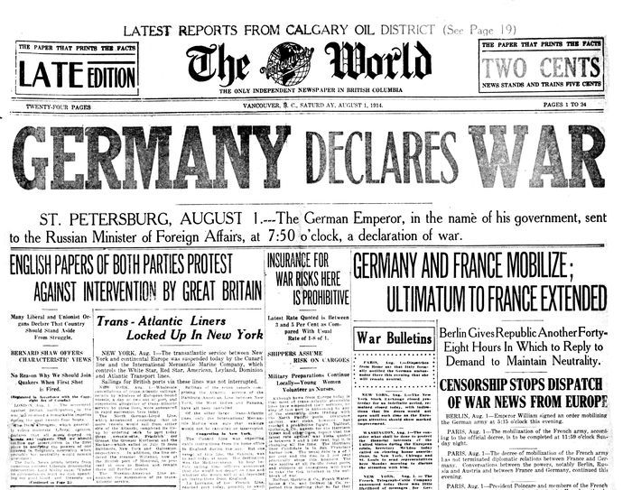 This Week in History 1914 Germany declares war on Russia, igniting