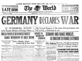 The front page of the Aug. 1, 1914 Vancouver World featuring the declaration of war between Germany and Russia, which sparked the First World War. The headline was in red, this copy is from microfilm.
