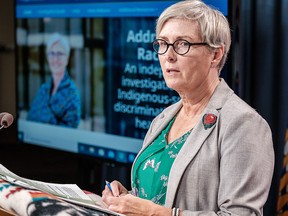 B.C. Representative for Children and Youth Mary Ellen Turpel-Lafond speaks to a reporter in Vancouver, B.C., on Friday November 13, 2015. A former judge investigating allegations of racism towards Indigenous people in British Columbia's health-care system is calling on patients, families, doctors and nurses to come forward with their stories.