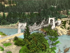 Postcard of the Alexandra Bridge over the Fraser River at Spuzzum, B.C., circa 1930. Theodore Pierce Taylor/Vancouver Archives AM1477-3-S1---: CVA 1477-945 For John Mackie [PNG Merlin Archive]