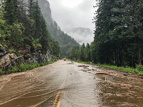 Drive B.C. says a four-kilometre section of the highway near Victor Lake Provincial Park, about 10 kilometres west of Revelstoke, has been shut down because of flooding.