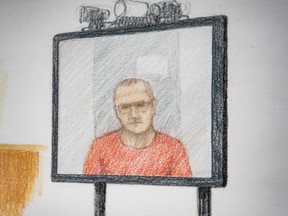In this courtroom sketch, Jamie Bacon appears via video link in B.C. Supreme Court, in Vancouver, on Thursday, July 9, 2020. Reputed gang leader Bacon has pleaded guilty to a charge stemming from the 2007 shootings. The plea brings an end to a complex legal case that has spanned more than a decade.