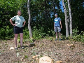 Dorothy Chambers and Julian Anderson, where trees were cut down behind Pearkes Recreation Centre. July 2020