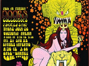 Bob Masse's poster for The Doors at Dante's Inferno nightclub on July 21 and 22, 1967. It was the band's first appearance in Vancouver, and probably in Canada. An original copy of the psychedelic poster sells for $2,000 to $3,000.