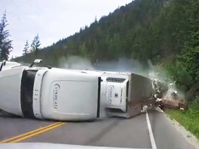 A still from Golden resident Chad Willox’s dashcam footage shows a westbound semi and trailer colliding with a pickup truck before his own vehicle hit the trailer during a six-vehicle collision on Highway 1 west of Sicamous on Wednesday, July 15, 2020.
Photograph By CHAD WILCOX/FACEBOOK