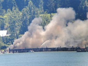 Five boats were destroyed in an explosion and fire at a marina on Shuswap Lake in Salmon Arm Monday.