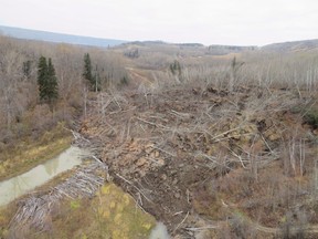 A slow moving landslide is seen inching down a hillside in northern British Columbia, prompting the evacuation of nearby Old Fort, B.C.
