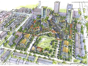 Modern Green Asset Holdings is seeking revised rezoning so that all 300 social housing units are grouped in buildings together rather than spread across the residential-commercial project planned for 14 acres on the former Oakridge Transit Centre site.