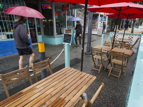 Restaurants that were closed for months because of the COVID-19 outbreak must now contend with rainy weather and cool temperatures. Pictured is an empty patio on Friday at The Templeton on Granville Street.