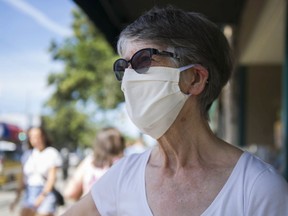 Vancouver, BC: JULY 21, 2020 -- Coronavirus cases in BC are trending upward. Wearing a face mask can be helpful helpful in trying to stop the spread of the disease. Pictured is Pat Tolhurst on West 4th Avenue in Vancouver, BC Tuesday, July 21, 2020.