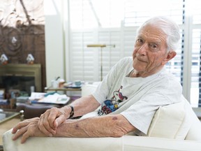 Don Renshaw poses for a photo in his home in Vancouver, BC, July, 20, 2020. Renshaw, who founded Renshaw Travel, is still playing hockey at 93 years old.