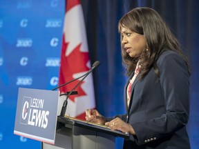 Conservative Party of Canada leadership candidate Leslyn Lewis makes her opening statement at the start of the French leadership debate in Toronto on Wednesday, June 17, 2020. A virtual Conservative leadership debate featuring three of the four candidates was interrupted last night by racist attacks. Lewis, Erin O'Toole and Derek Sloan were debating B.C.-related issues when the comments section of the online platform they were using was suddenly filled with racist slurs.