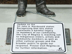A new piece of signage has been placed at the foot of the John A. Macdonald statue in Victoria Park in Regina.