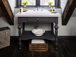 This bathroom vanity was being used as a TV stand before Colin and Justin removed the top, repainted the body, and added a quartz surface and sink to transform it into a unique and stylish proposition. SUBMITTED