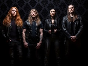 Unleash the Archers. Vancouver metal band featuring l-r Andrew Kingsley - Guitar, Vocals; Grant Truesdell - Guitar, Vocals;  Brittney Slayes - Vocals; Scott Buchanan - Drums