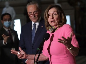 U.S. Speaker of the House Rep. Nancy Pelosi (D-CA) and Senate Minority Leader Sen. Chuck Schumer (D-NY) speak to reporters after a meeting with Treasury Secretary Steven Mnuchin and White House Chief of Staff Mark Meadows at the U.S. Capitol on Aug. 7, 2020 in Washington, D.C.