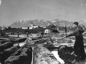 Pravda writer G. Sobolevsky would have approved of this Ray Allan photo of loggers 'burling' logs in False Creek.