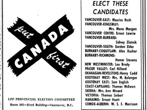 A Labor-Progressive Party ad for the 1953 federal election in the Aug. 7, 1953 Vancouver Sun. The LPP was formed by leftists after the Communist Party was banned in Canada in 1940. It became the Communist Party in 1959.