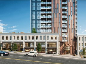 Artist's rendering of ML Emporio Properties' Loma development, a tower-and-podium project at 901 Lougheed Highway includes 122 one-, two- and three-bedroom market homes and 58 rental units plus two levels of commercial space along Blue Mountain Street and Lougheed Highway.
