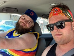 A Vancouver man is undergoing surgery for a broken leg after he says he was assaulted for speaking up to anti-gay demonstrators in Vancouver's West End. Justin Morisette (left) has undergone surgery after having his left leg broken during an assault in the West End on Saturday evening. He is pictured with friend J.D. Burke.
