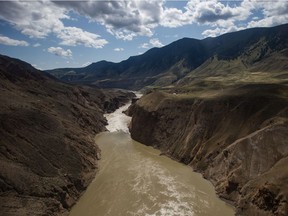 The site of a massive rock slide is seen on the Fraser River near Big Bar, west of Clinton, B.C., on Wednesday July 24, 2019.