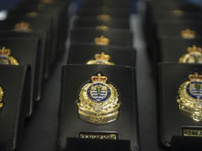 Vancouver, BC: JANUARY 10, 2020 -- Twenty-four new members of the Vancouver Police Department, Recruit Class 162, are sworn in at VPD headquarters in Vancouver, BC Friday, January 10, 2020. Pictured are badges awaiting their owners, as recruits are sworn-in.
