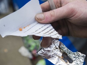 Vancouver, BC: MAY 03, 2019 -- Fentanyl is one of the most widely used and dangerous street drugs available in Canada. Originally an opioid used as a pain medication, it has caused the deaths of thousands of recreational users, often mixed with heroin or cocaine. Pictured is a drug-users stash of fentanyl at Oppenheimer Park in Vancouver, BC Friday, May 3, 2019.