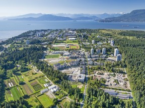 An aerial view of the University of B.C. campus, looking to the northwest, in 2016.