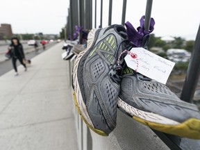 In August 2020, pairs of running shoes were hung on Vancouver's Burrard Street bridge with personal messages attached. Each pair represented a life lost to a drug overdose.