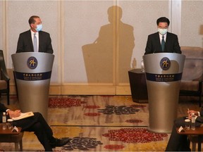 U.S. Secretary of Health and Human Services Alex Azar and Taiwan's Foreign Minister Joseph Wu hold a joint news conference in Taipei, Taiwan, August 11, 2020. REUTERS/Ann Wang