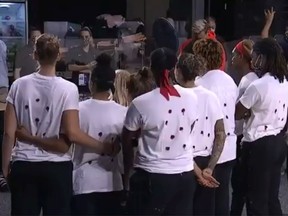 The Washington Mystics made a powerful statement ahead of their scheduled WNBA game against the Atlanta Dream. Team members wore white shirts with a letter each to spell out Jacob Blake's name. On the backs, the shirts had seven bullet holes, representing each time the 29-year-old Black man was shot by police in Kenosha, Wis. on Sunday night.