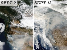Smoke from U.S. wildfires on the west coast, seen on Sept. 7 and 13.