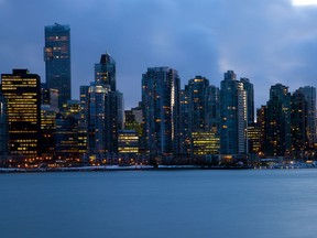 Condos in towers along Coal Harbour in Vancouver