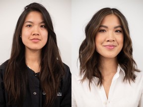 Kristen Young is a 31-year-old real estate broker who was looking for a makeover in advance of moving to Toronto. On the left is Young before her makeover by Nadia Albano, and on the right is her after. Photo: Nadia Albano.