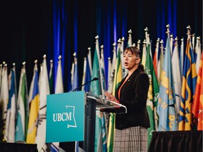 UBCM president Maja Tait speaks at the virtual convention in Victoria.