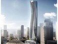 Renderings for a proposed 55-storey tower near the north end of the Granville Bridge in downtown Vancouver, including commercial space on the ground floor with 152 units of social housing and 303 market condos above.