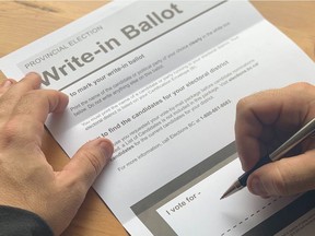 A write-in mail ballot sent out by Elections BC.