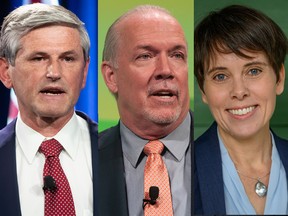 Liberal leader Andrew Wilkinson, NDP leader John Horgan, and Green leader Sonia Furstenau.