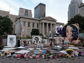 A memorial to Breonna Taylor, placed in Jefferson Square Park, is photographed in Louisville, Kentucky on Wednesday, Sept. 23, 2020 as the city anticipates the results of a grand jury inquiry into the death of Breonna Taylor, a Black woman shot by the Louisville Metro Police Department in her apartment earlier this year.